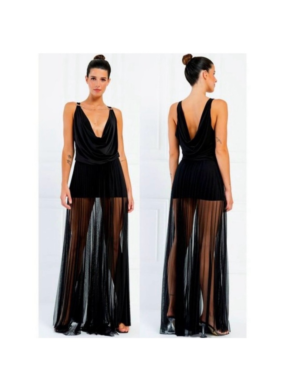 Black Sheer Pleated Wide Leg Pants with attached shorts.